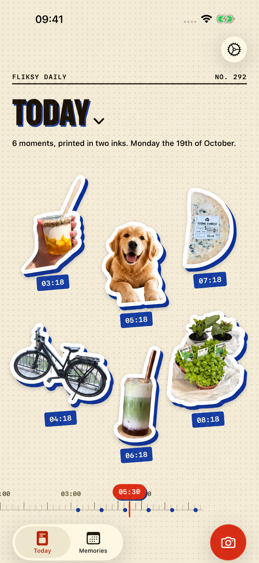Fliksy Today: six full-color photo stickers arranged on a cream paper timeline.